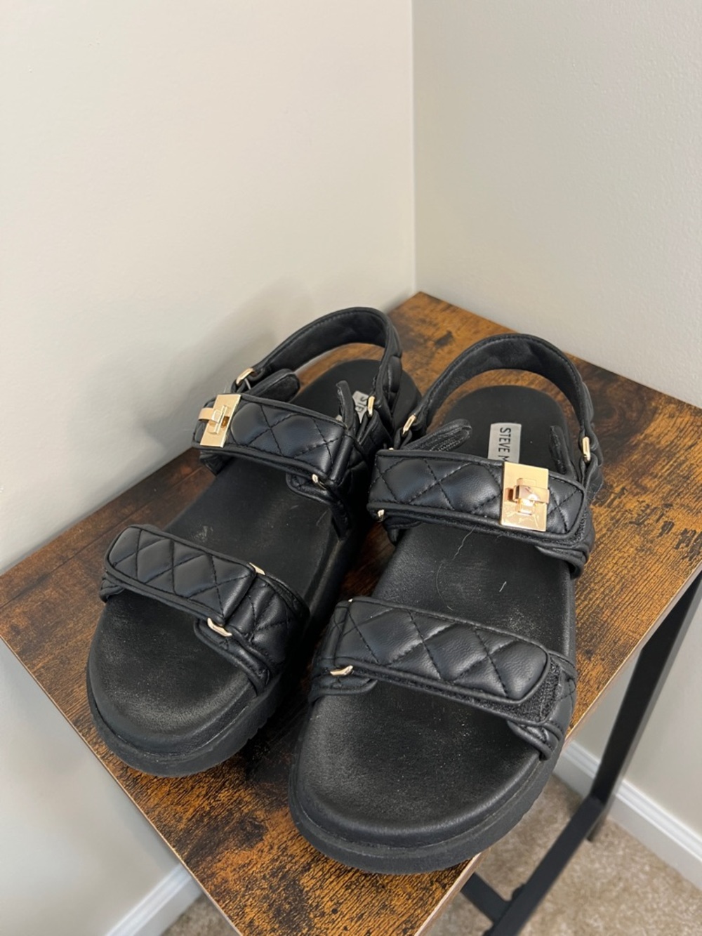Steve Madden Mona Black Quilted Sandals with Gold Hardware